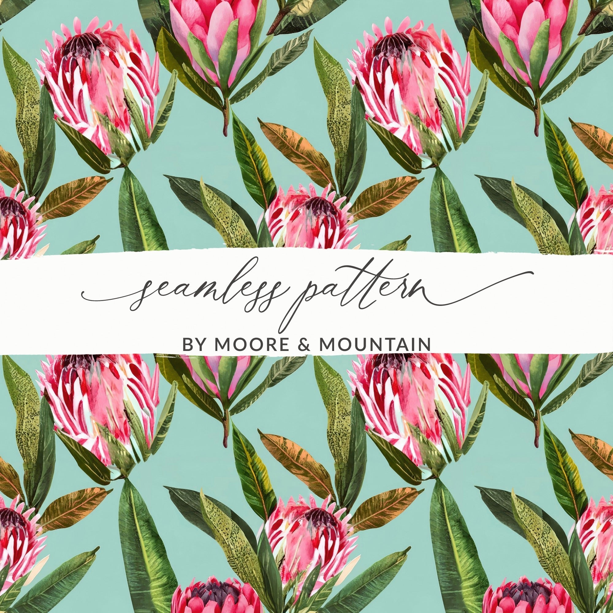 Pink Protea Flower Digital Paper, Seamless Floral Pattern, Tropical Leaves Background, Scrapbook Paper, Printable Fabric Design - Moore and Mountain