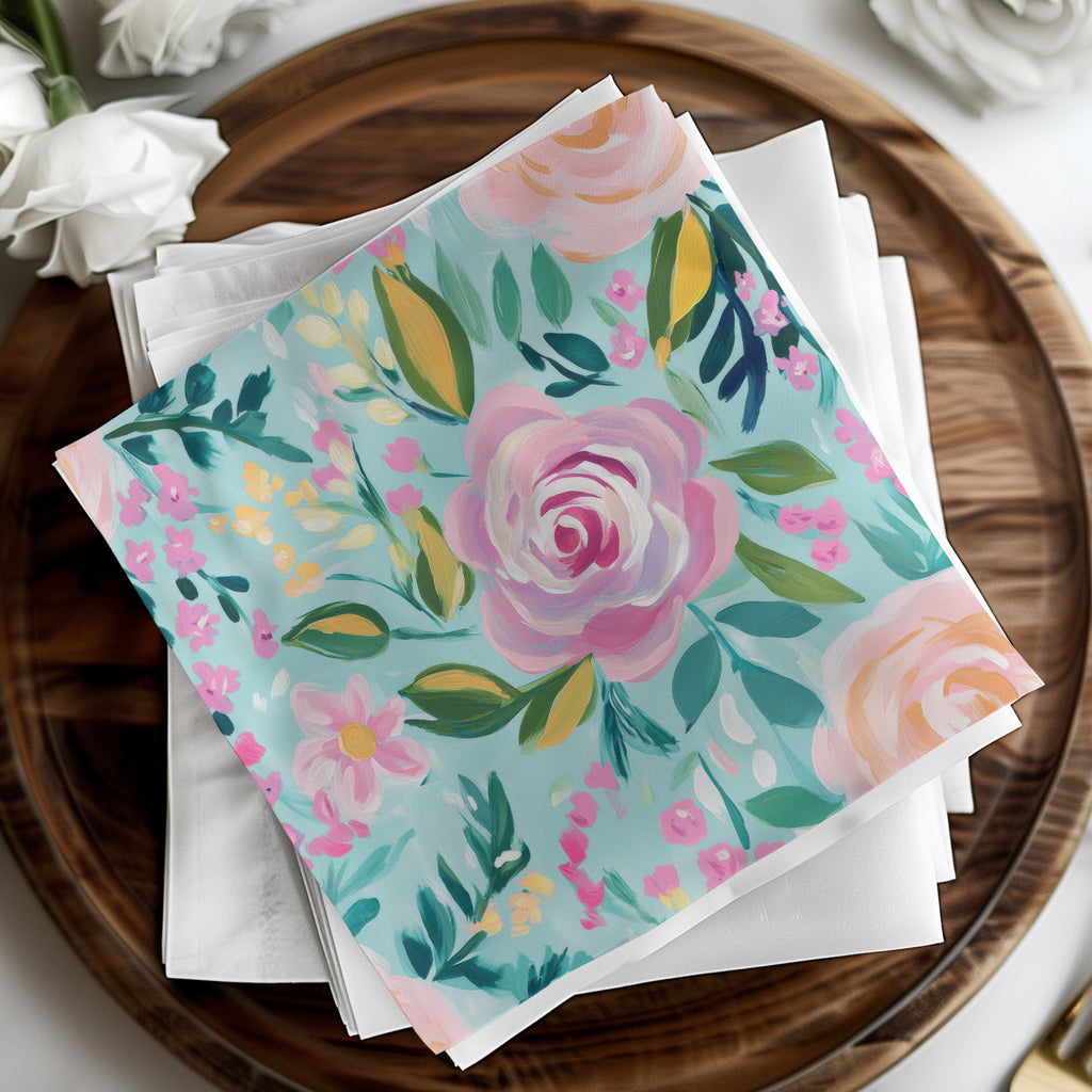 Pink Rose Acrylic Seamless Pattern, Aqua Floral Digital Paper, Modern Gouache Painted Flowers, Fine Art Floral Design - Moore and Mountain
