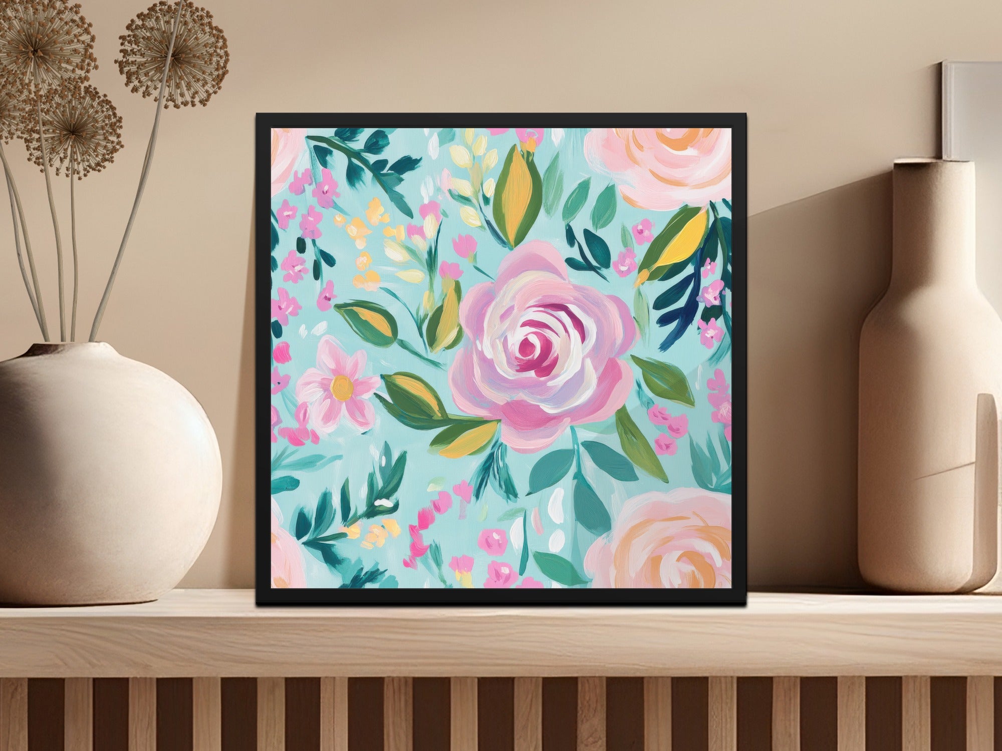 Pink Rose Acrylic Seamless Pattern, Aqua Floral Digital Paper, Modern Gouache Painted Flowers, Fine Art Floral Design - Moore and Mountain