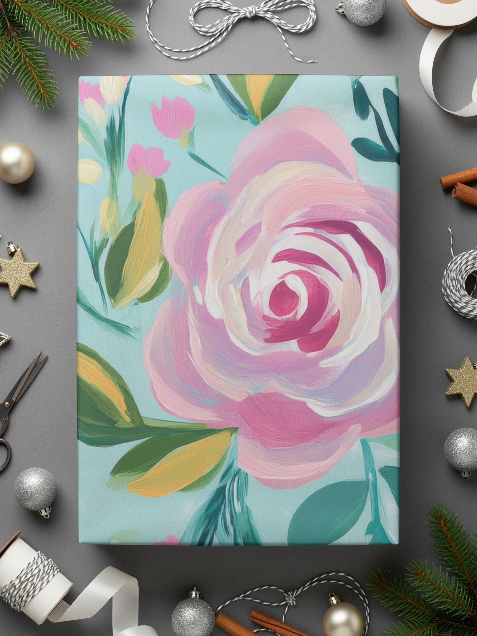 Pink Rose Acrylic Seamless Pattern, Aqua Floral Digital Paper, Modern Gouache Painted Flowers, Fine Art Floral Design - Moore and Mountain