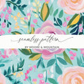Pink Rose Acrylic Seamless Pattern, Aqua Floral Digital Paper, Modern Gouache Painted Flowers, Fine Art Floral Design - Moore and Mountain