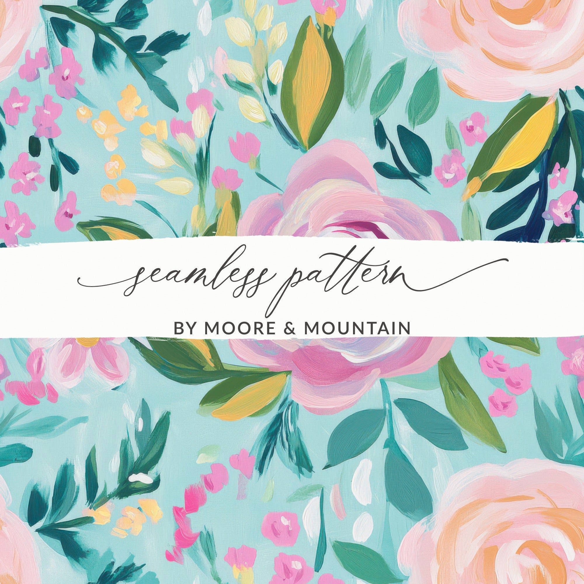 Pink Rose Acrylic Seamless Pattern, Aqua Floral Digital Paper, Modern Gouache Painted Flowers, Fine Art Floral Design - Moore and Mountain