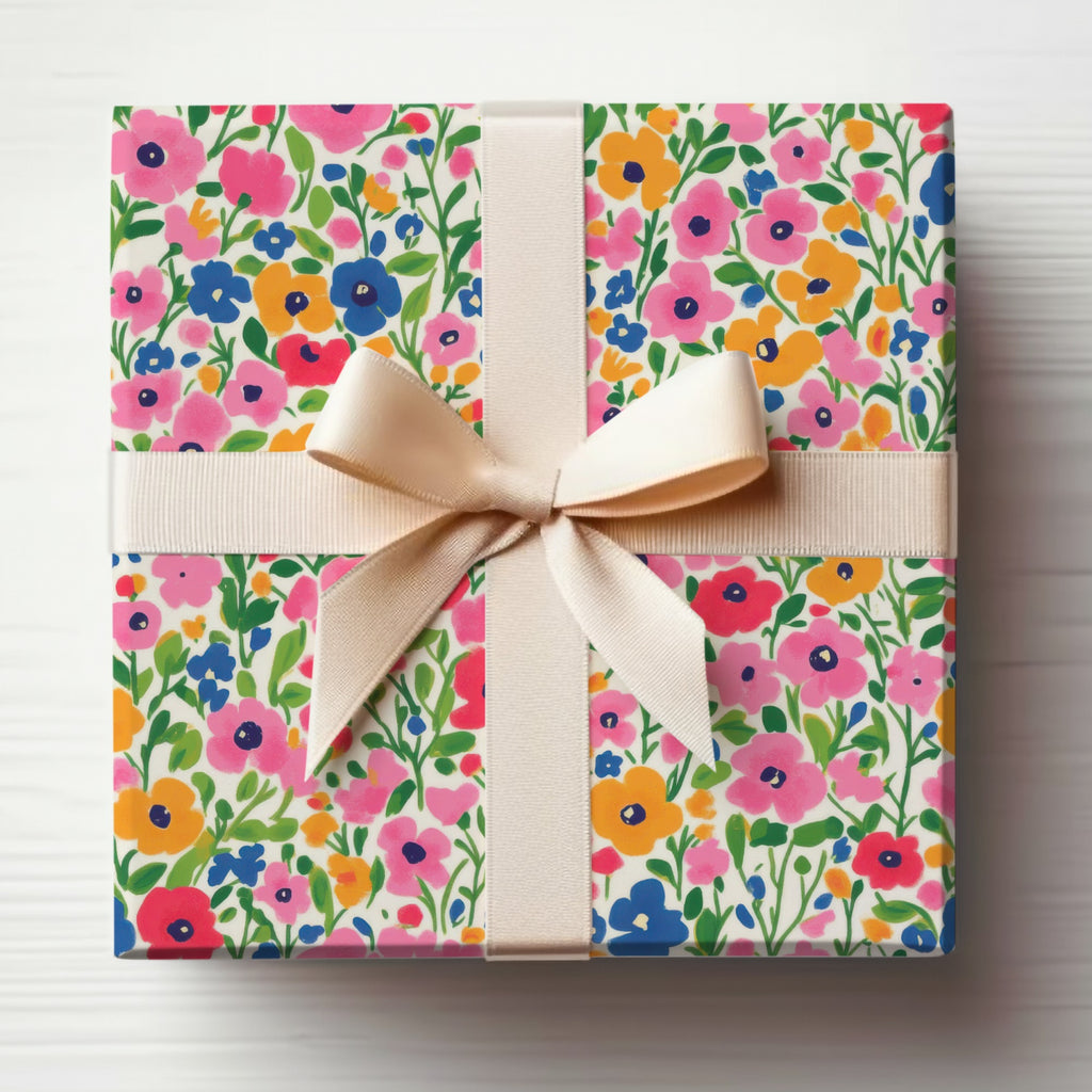 Colorful Flower Pattern Wrapped Gift Box with Ribbon