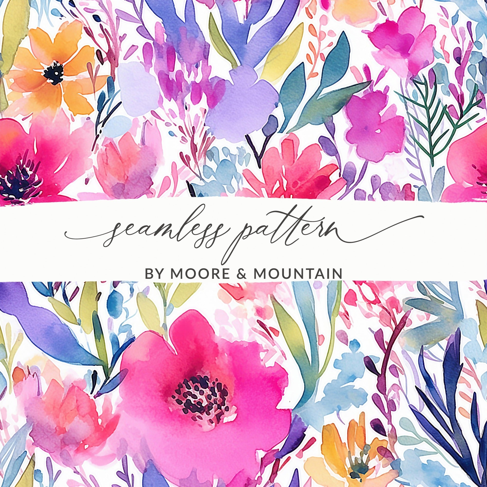 Pink Vibrant Watercolor Floral Pattern Design With Colorful Flowers Digital - Moore and Mountain