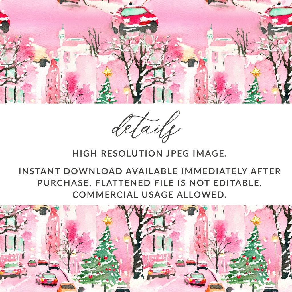 Pink Watercolor Christmas Digital Paper, Snowy Cityscape Pattern, Holiday Car Print, Winter Background, Christmas Seamless Pattern - Moore and Mountain