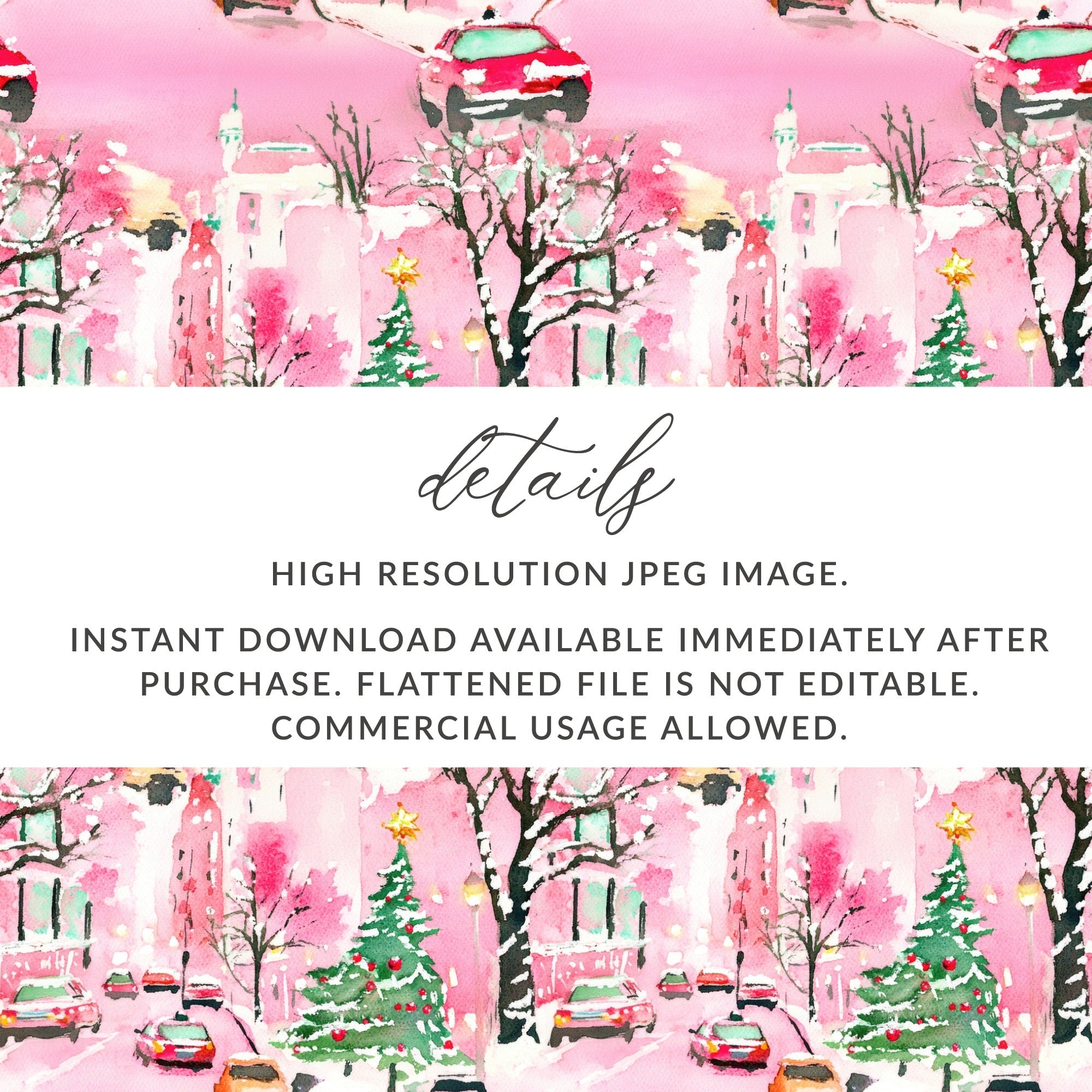Pink Watercolor Christmas Digital Paper, Snowy Cityscape Pattern, Holiday Car Print, Winter Background, Christmas Seamless Pattern - Moore and Mountain