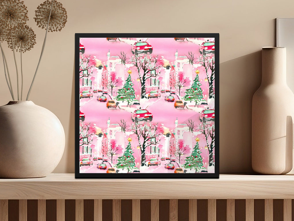 Pink Watercolor Christmas Digital Paper, Snowy Cityscape Pattern, Holiday Car Print, Winter Background, Christmas Seamless Pattern - Moore and Mountain