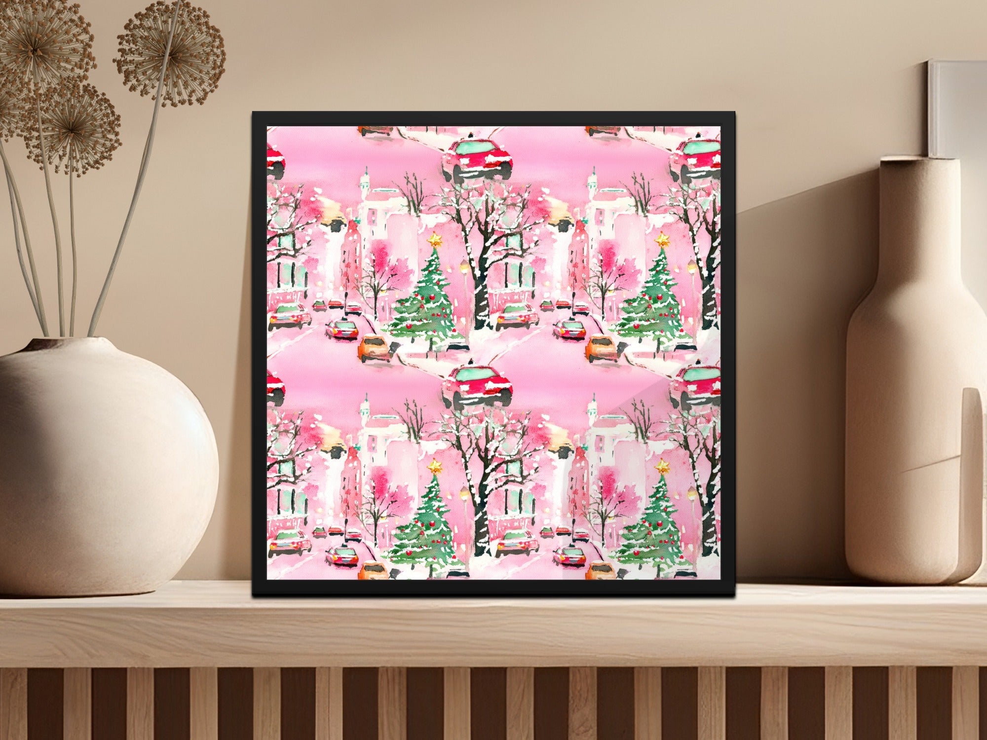 Pink Watercolor Christmas Digital Paper, Snowy Cityscape Pattern, Holiday Car Print, Winter Background, Christmas Seamless Pattern - Moore and Mountain