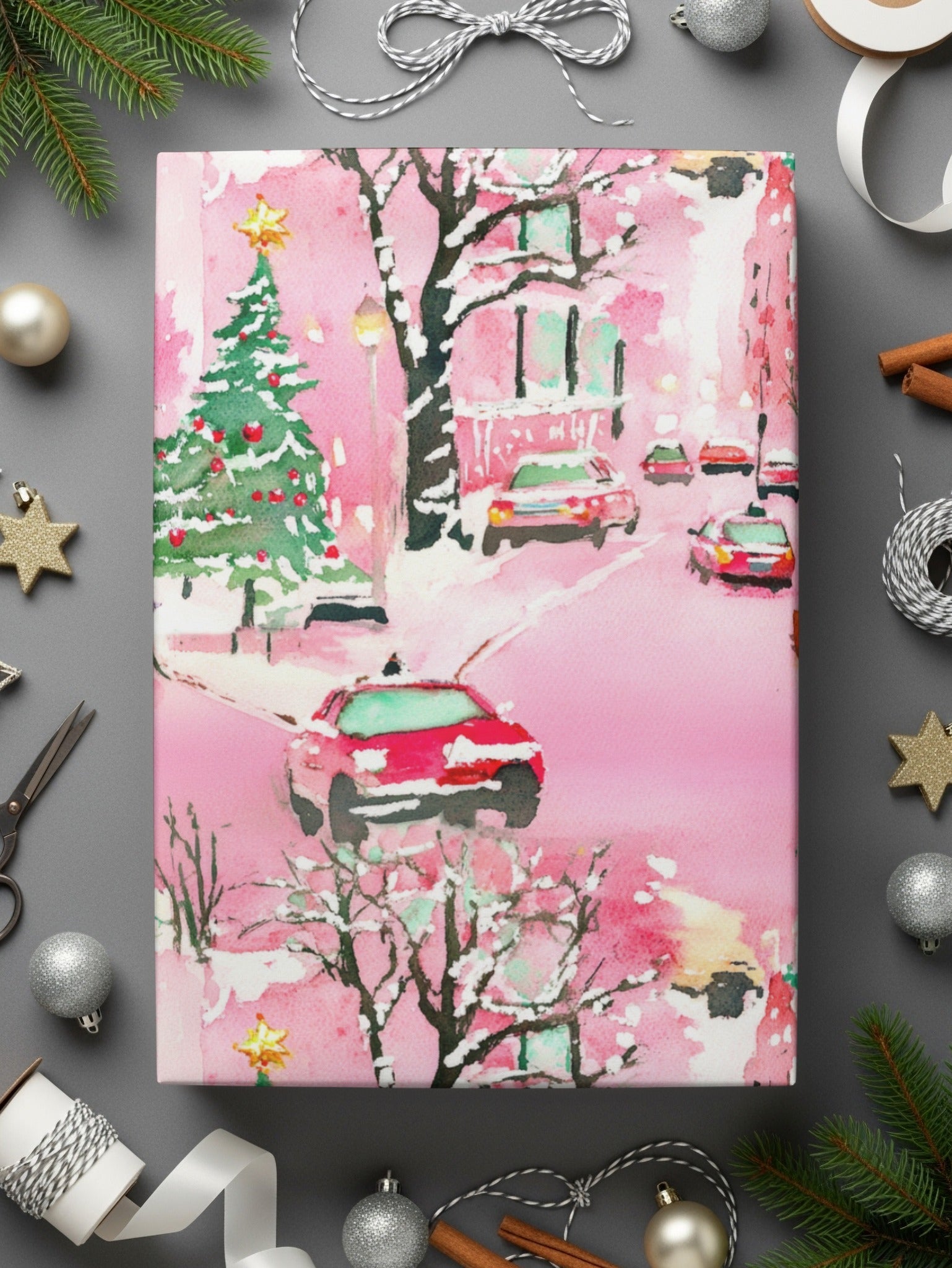 Pink Watercolor Christmas Digital Paper, Snowy Cityscape Pattern, Holiday Car Print, Winter Background, Christmas Seamless Pattern - Moore and Mountain