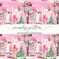 Pink Watercolor Christmas Digital Paper, Snowy Cityscape Pattern, Holiday Car Print, Winter Background, Christmas Seamless Pattern - Moore and Mountain
