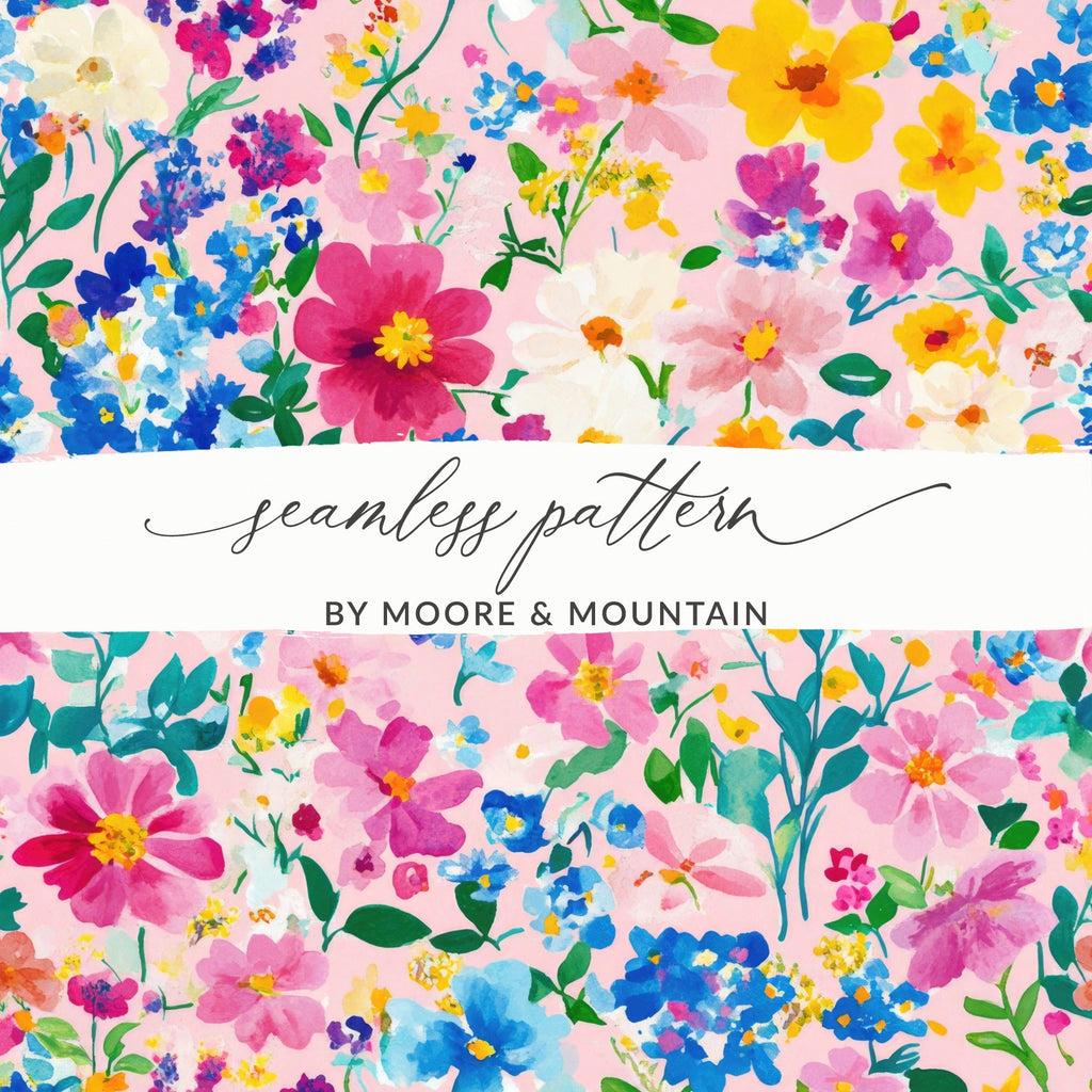 Pink Watercolor Floral Digital Paper, Summer Flower Pattern, Blue Pink Yellow Flowers, Abstract Botanical Seamless Texture, Printable Art - Moore and Mountain
