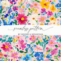 Pink Watercolor Floral Digital Paper, Summer Flower Pattern, Blue Pink Yellow Flowers, Abstract Botanical Seamless Texture, Printable Art - Moore and Mountain