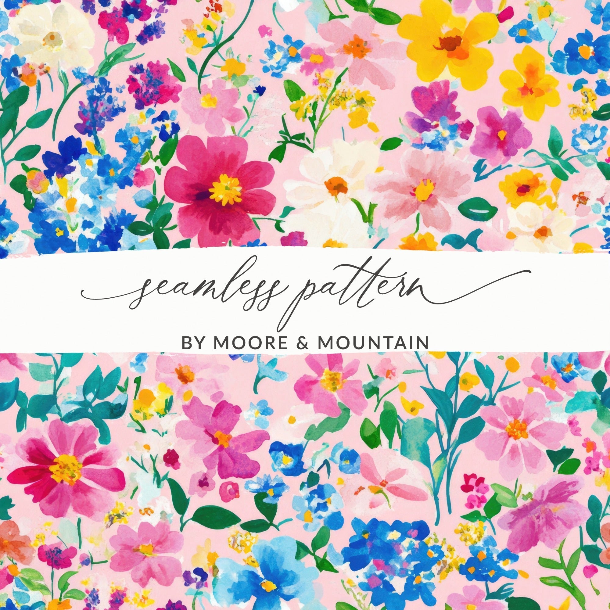 Pink Watercolor Floral Digital Paper, Summer Flower Pattern, Blue Pink Yellow Flowers, Abstract Botanical Seamless Texture, Printable Art - Moore and Mountain