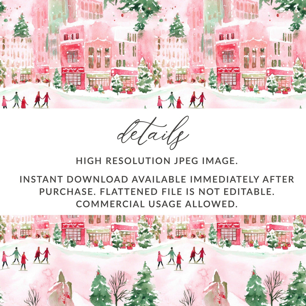 Pink Winter Town Watercolor, Christmas Digital Paper, Holiday Pattern, Cute Town Illustration, Xmas Fabric Design, Festive Seamless Repeat - Moore and Mountain