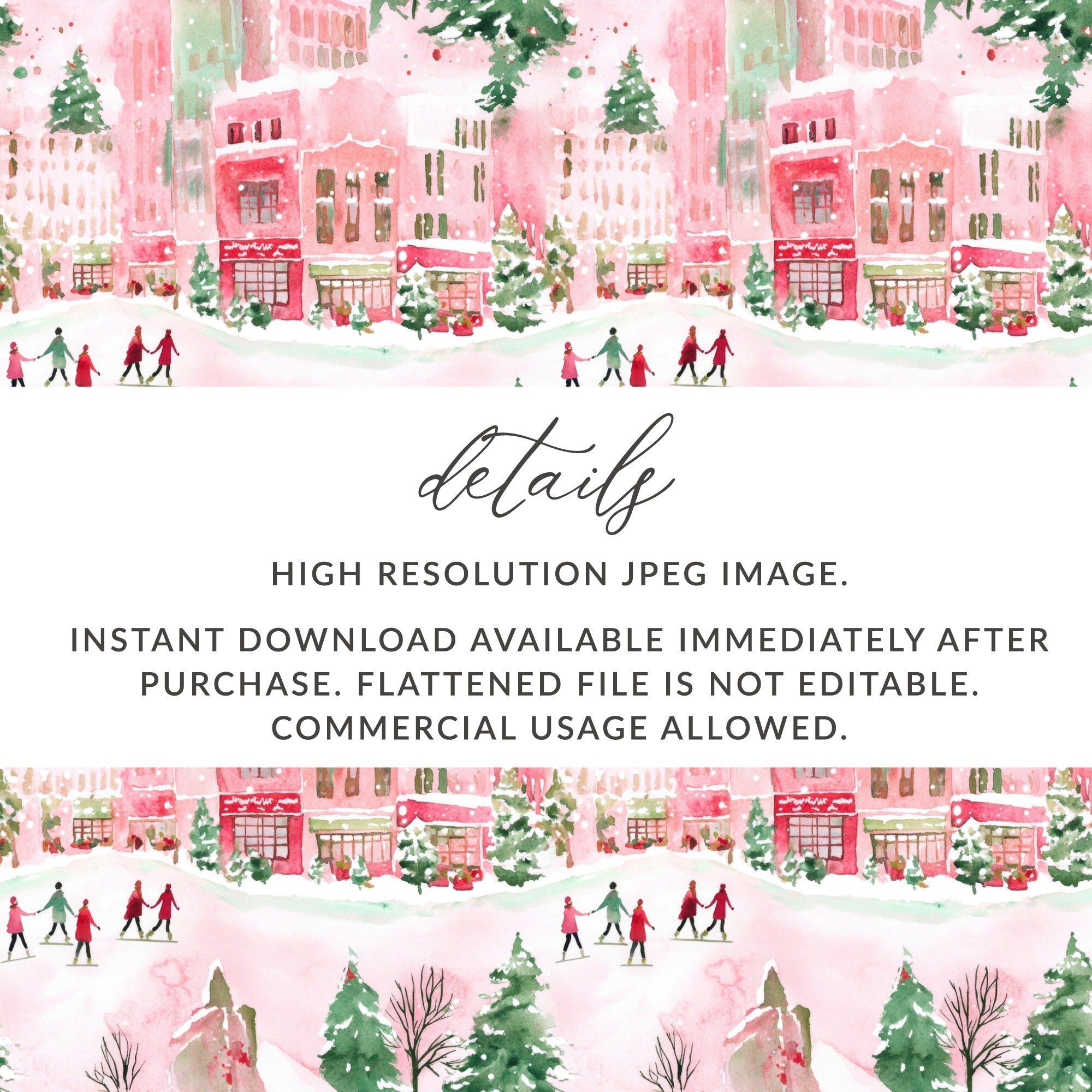 Pink Winter Town Watercolor, Christmas Digital Paper, Holiday Pattern, Cute Town Illustration, Xmas Fabric Design, Festive Seamless Repeat - Moore and Mountain