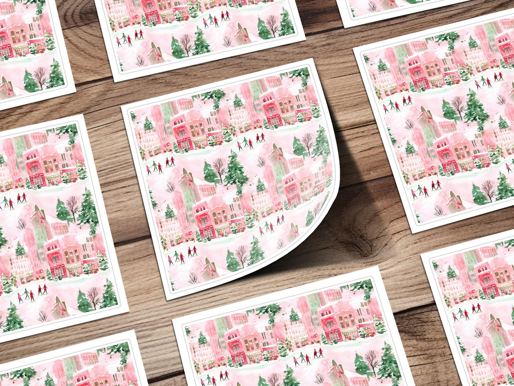 Pink Winter Town Watercolor, Christmas Digital Paper, Holiday Pattern, Cute Town Illustration, Xmas Fabric Design, Festive Seamless Repeat - Moore and Mountain
