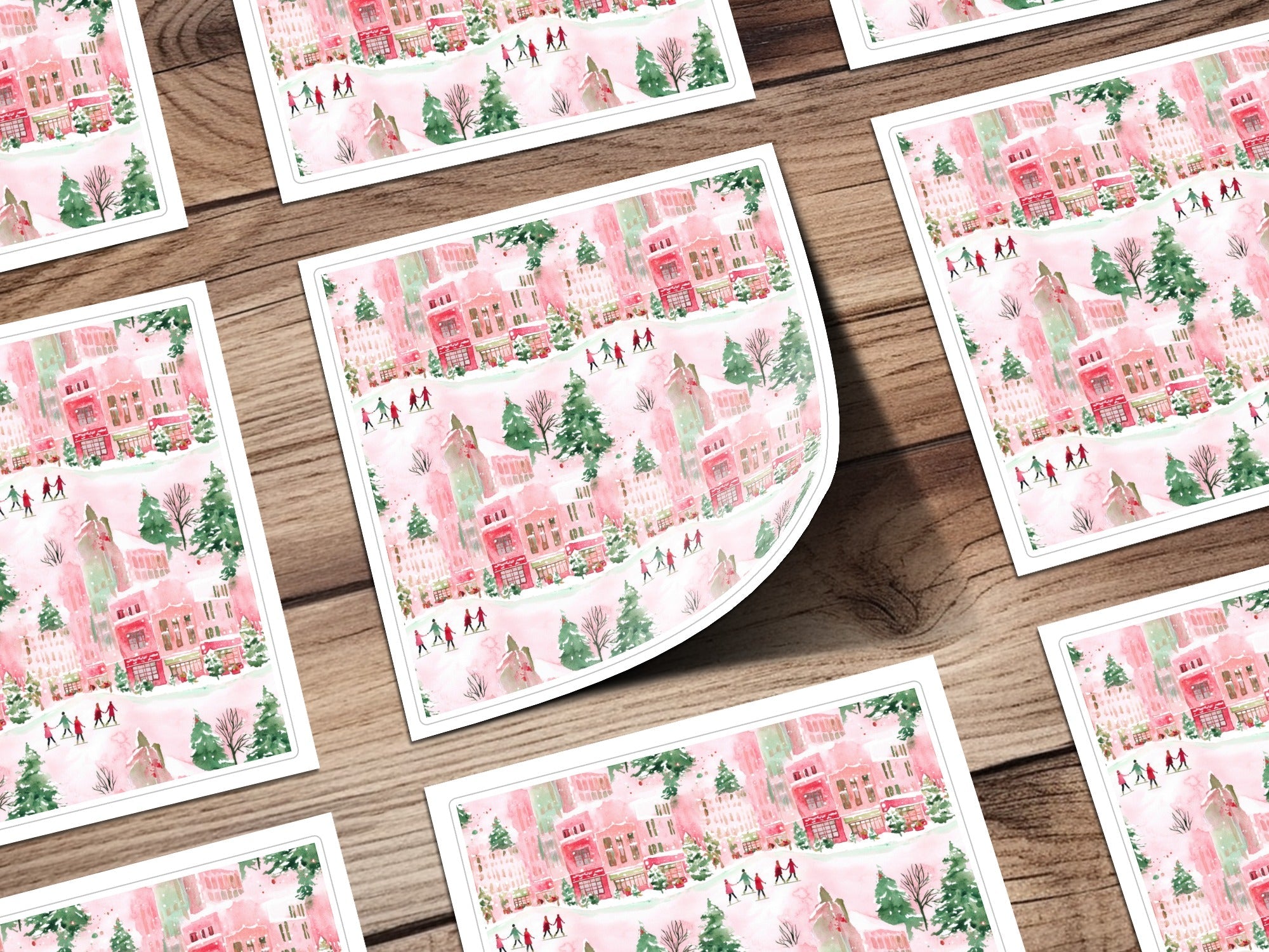 Pink Winter Town Watercolor, Christmas Digital Paper, Holiday Pattern, Cute Town Illustration, Xmas Fabric Design, Festive Seamless Repeat - Moore and Mountain