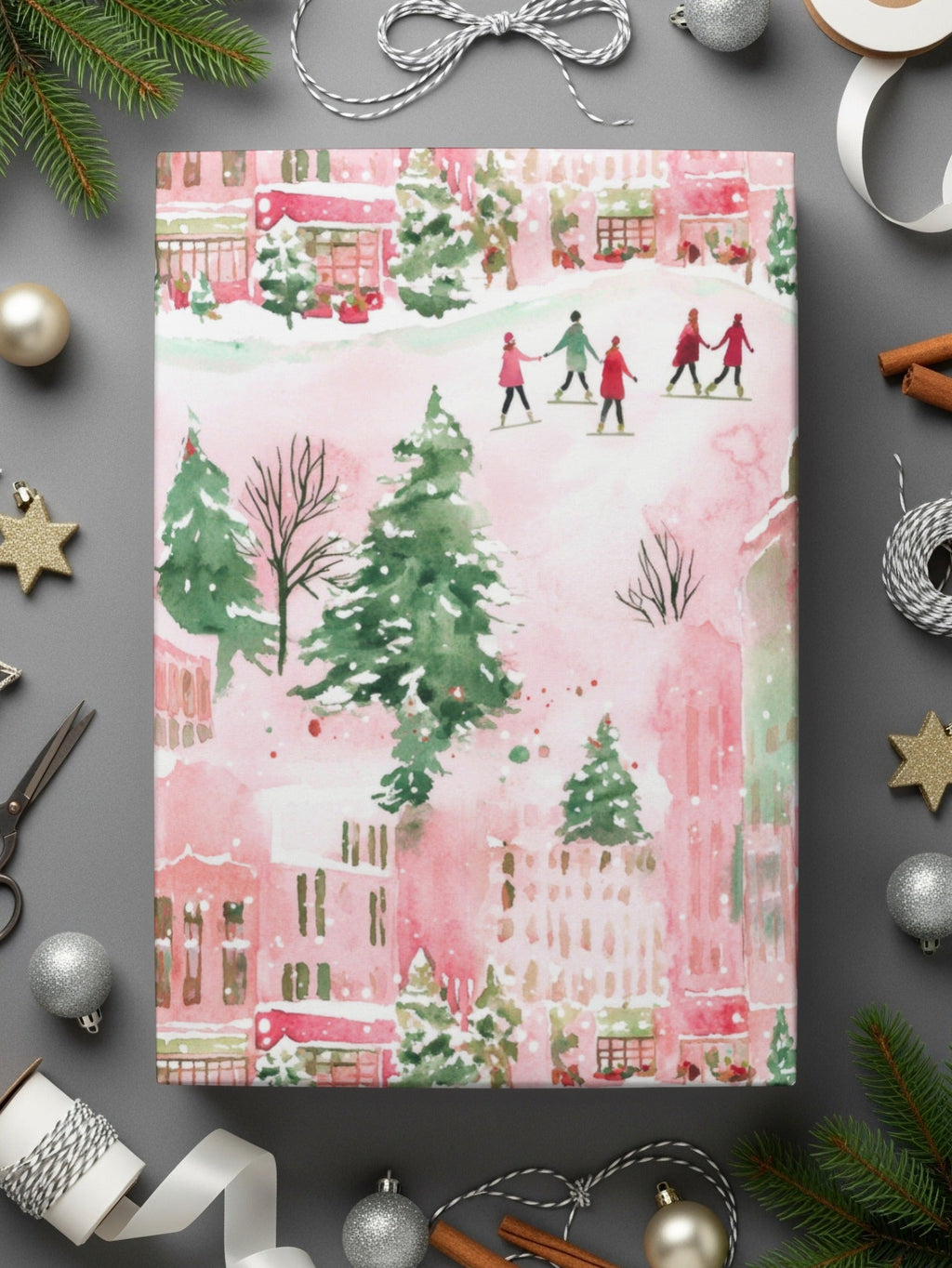 Pink Winter Town Watercolor, Christmas Digital Paper, Holiday Pattern, Cute Town Illustration, Xmas Fabric Design, Festive Seamless Repeat - Moore and Mountain
