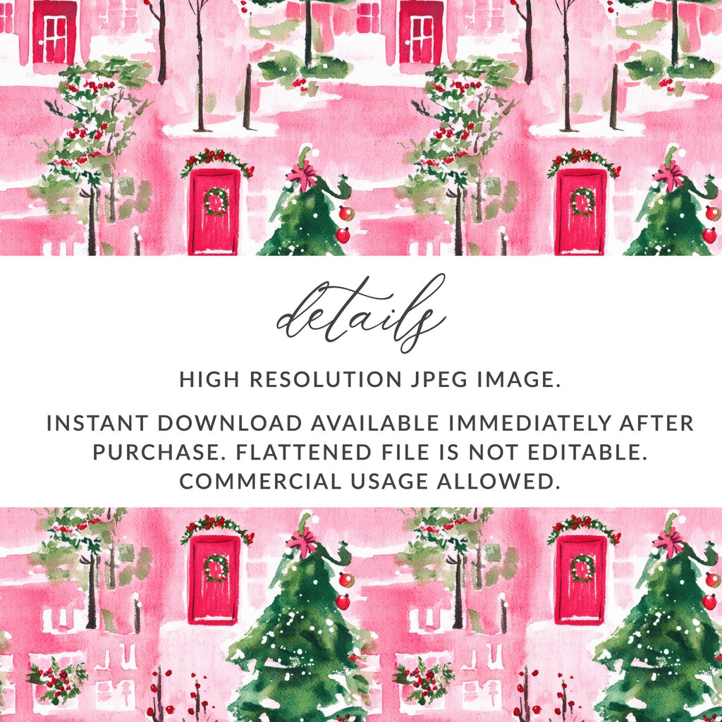Pink Winter Watercolor Christmas Pattern Digital Paper, Holiday Seamless Design, Festive Digital Download, Scrapbooking Paper - Moore and Mountain