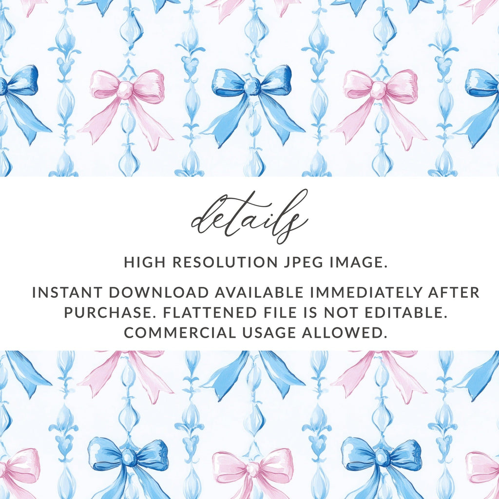 Pink and Blue Bows Digital Paper, Watercolor Seamless Pattern, Spring Background, Scrapbooking Paper, Baby Shower Invitation, Digital - Moore and Mountain