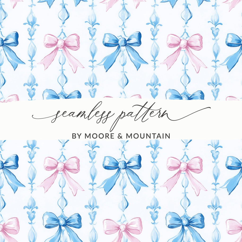 Pink and Blue Bows Digital Paper, Watercolor Seamless Pattern, Spring Background, Scrapbooking Paper, Baby Shower Invitation, Digital - Moore and Mountain