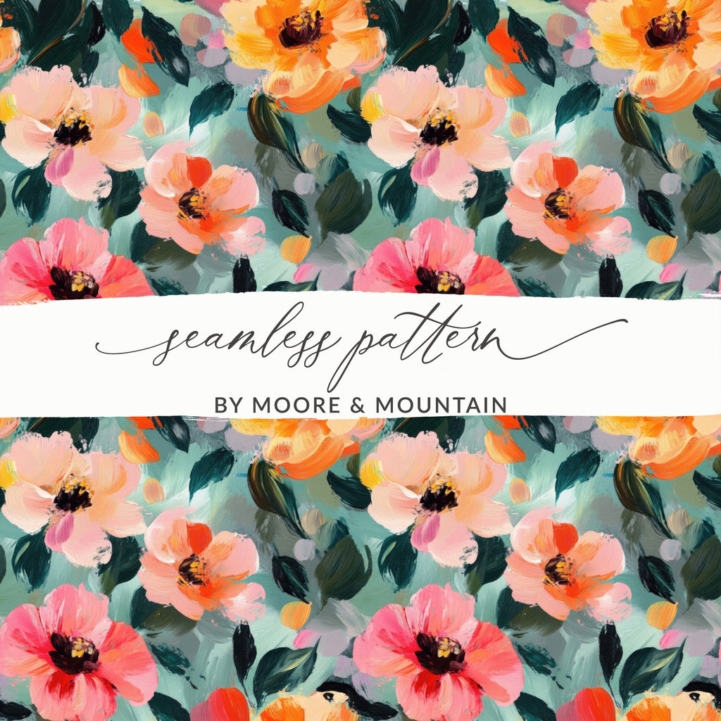Pink and Orange Floral Digital Paper, Abstract Flower Pattern, Painterly Art, Seamless Repeat Pattern, Printable Background, Digital Product - Moore and Mountain