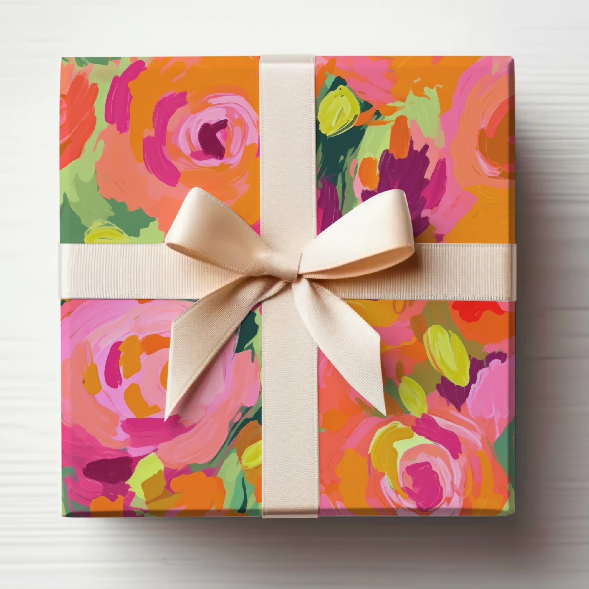 Vibrant Floral Gift Box with Elegant Cream Ribbon