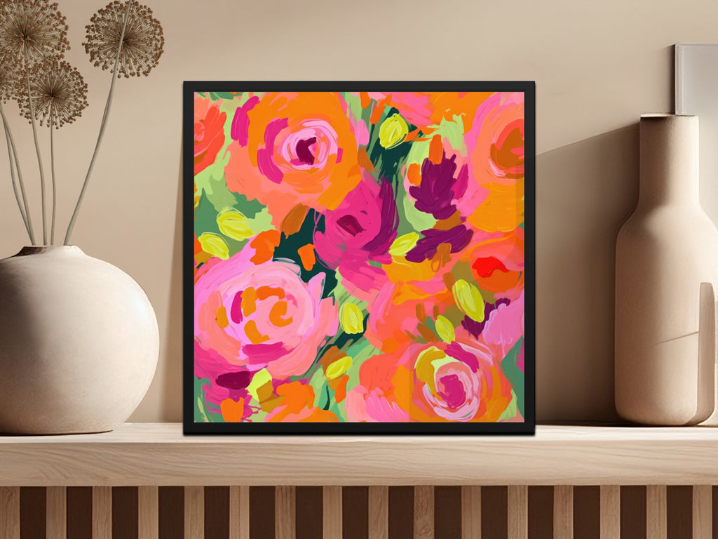 Vibrant Abstract Floral Art Print with Frame for Wall Decor