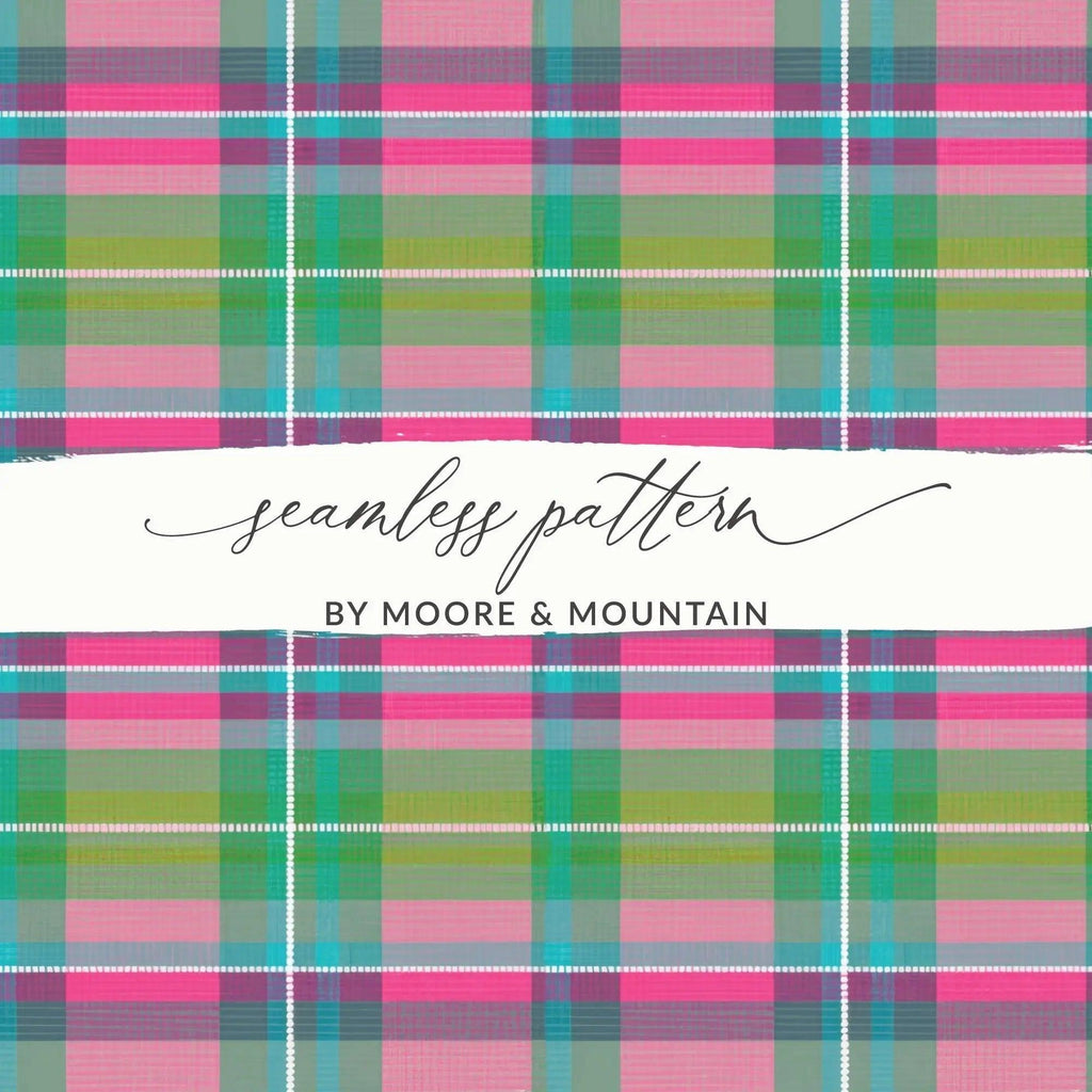 Pink and Teal Plaid Digital Paper, Seamless Tartan Pattern, Bright Pink and Green Plaid Buffalo Check - Moore and Mountain
