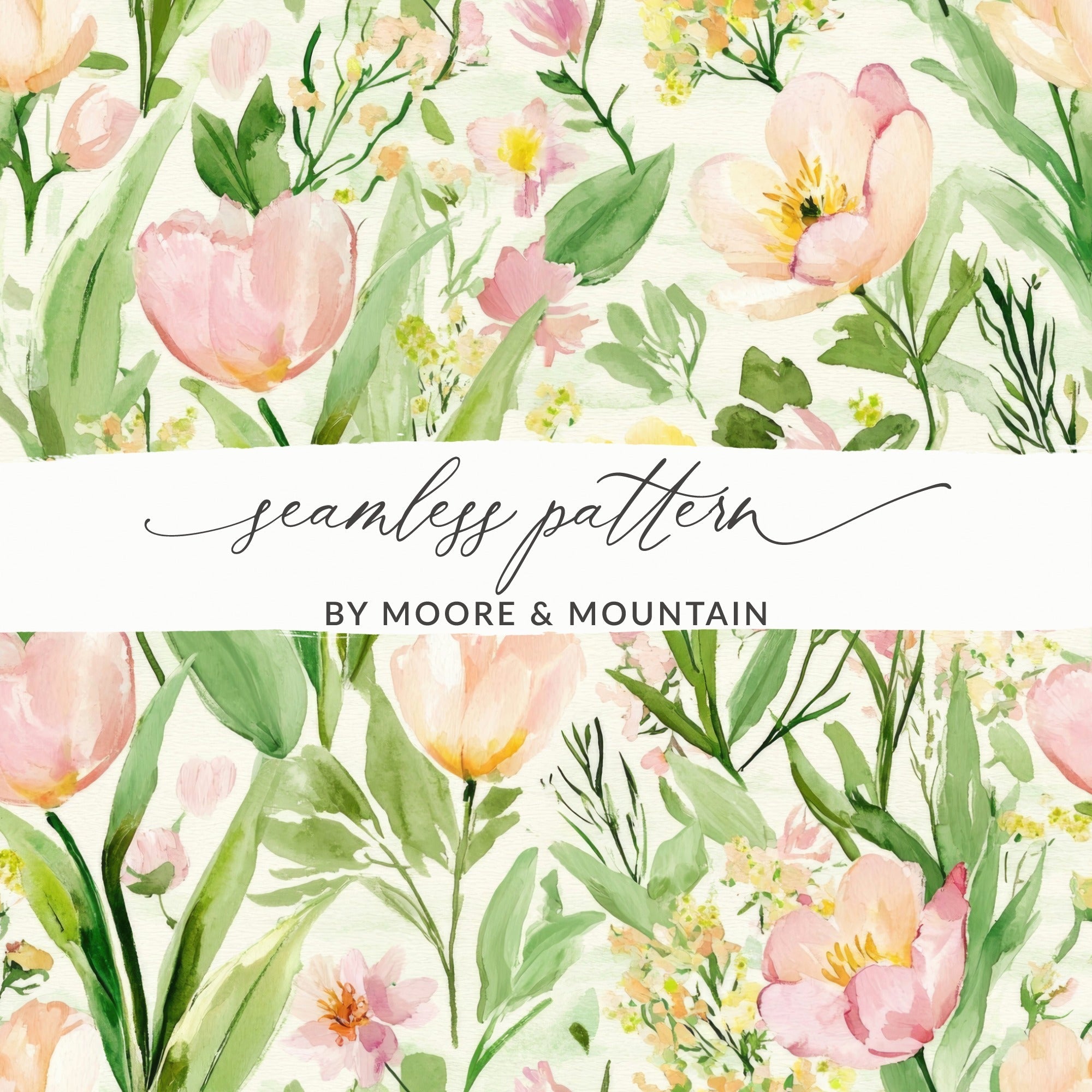 Pink and Yellow Tulip Watercolor Floral Digital Paper, Spring Flower Pattern, Seamless Repeat Pattern, Digital Fabric Design, Floral Print - Moore and Mountain