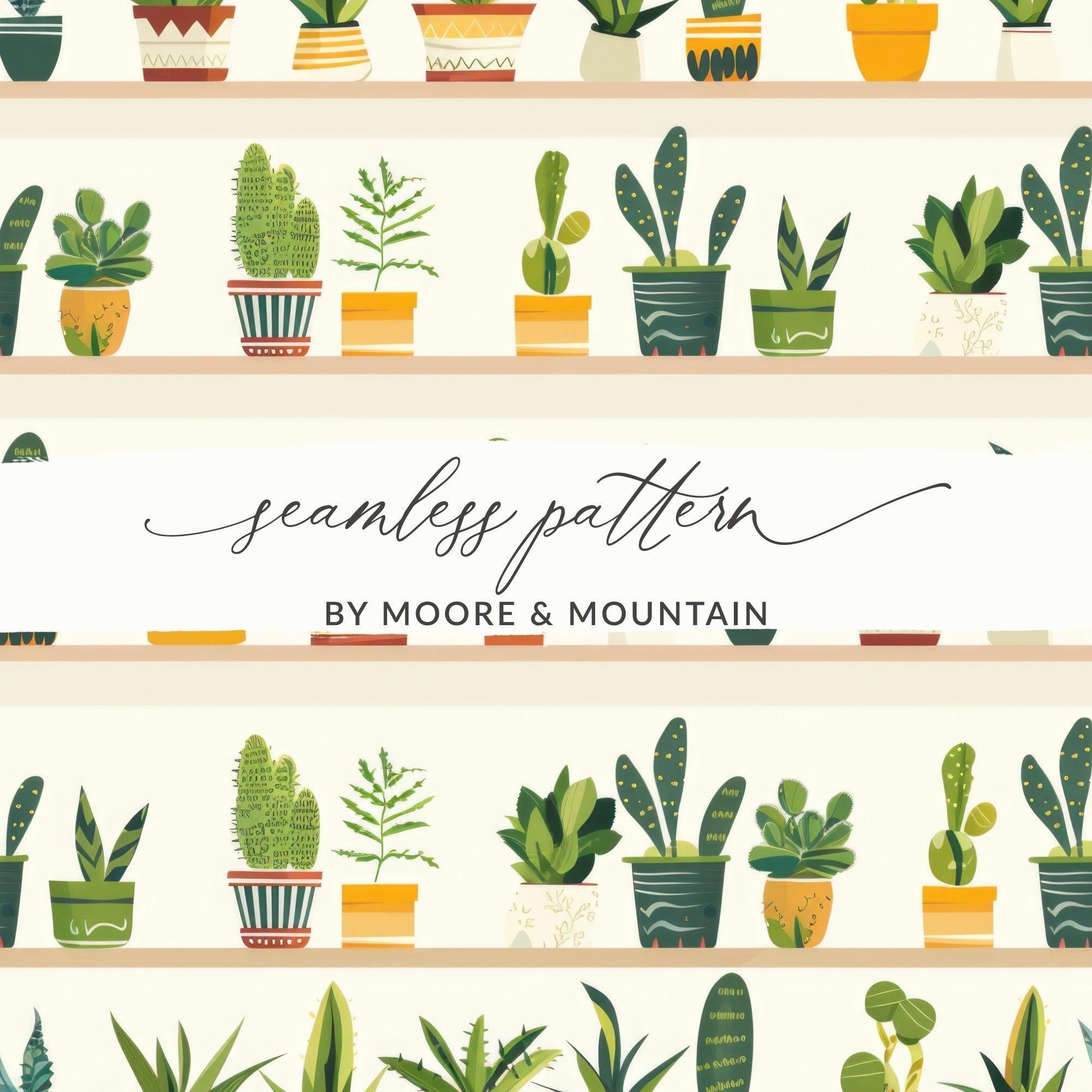 Potted Plants Shelf Digital Paper, Seamless Plants Pattern, Cactus Pattern, Houseplants, Digital Download, Commercial Use, Printable - Moore and Mountain