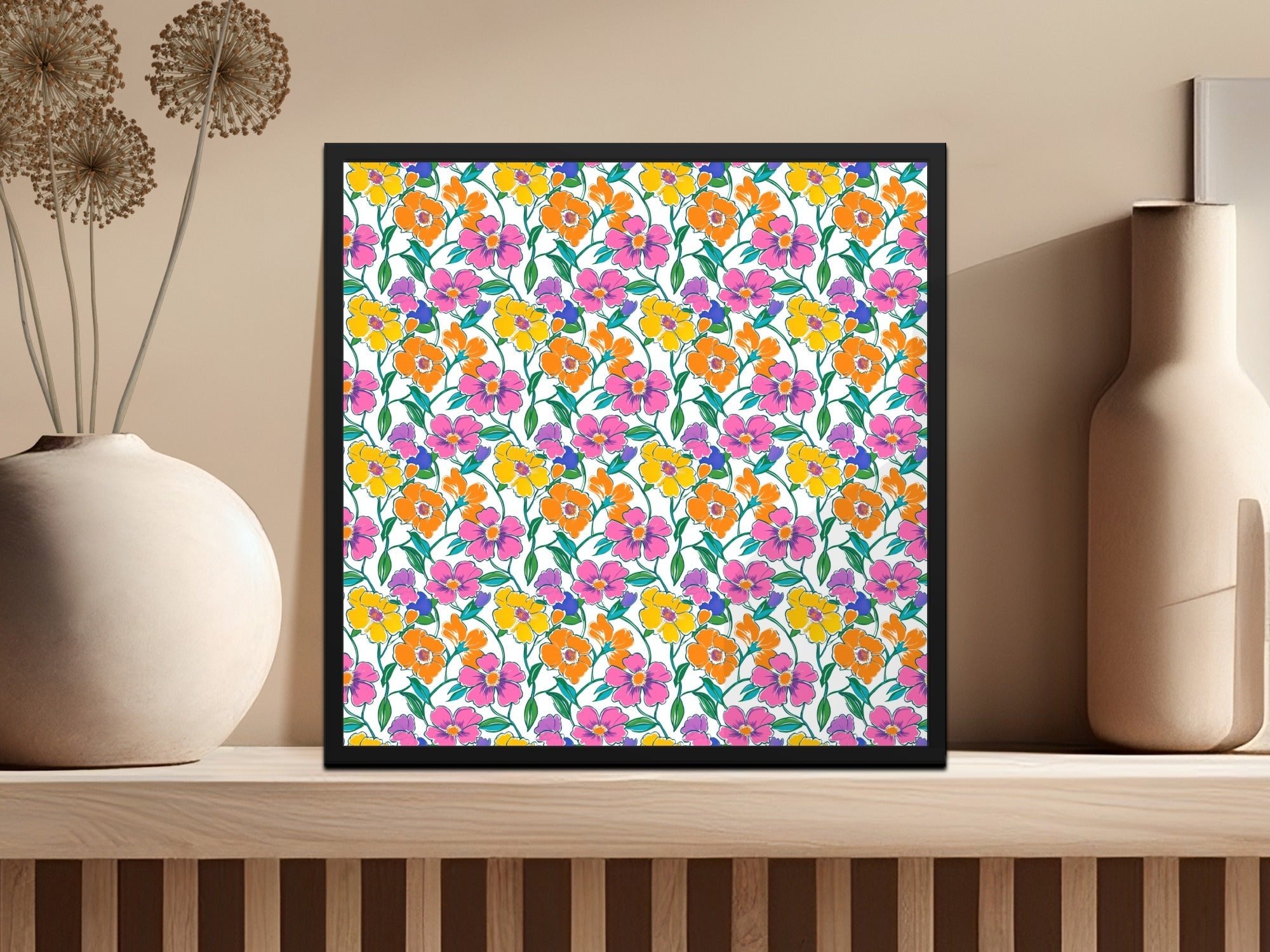 Preppy 60's Floral Pattern Digital Background, Pink Yellow Orange Flowers Seamless Pattern, Retro Floral Printable Design, Vibrant Floral - Moore and Mountain