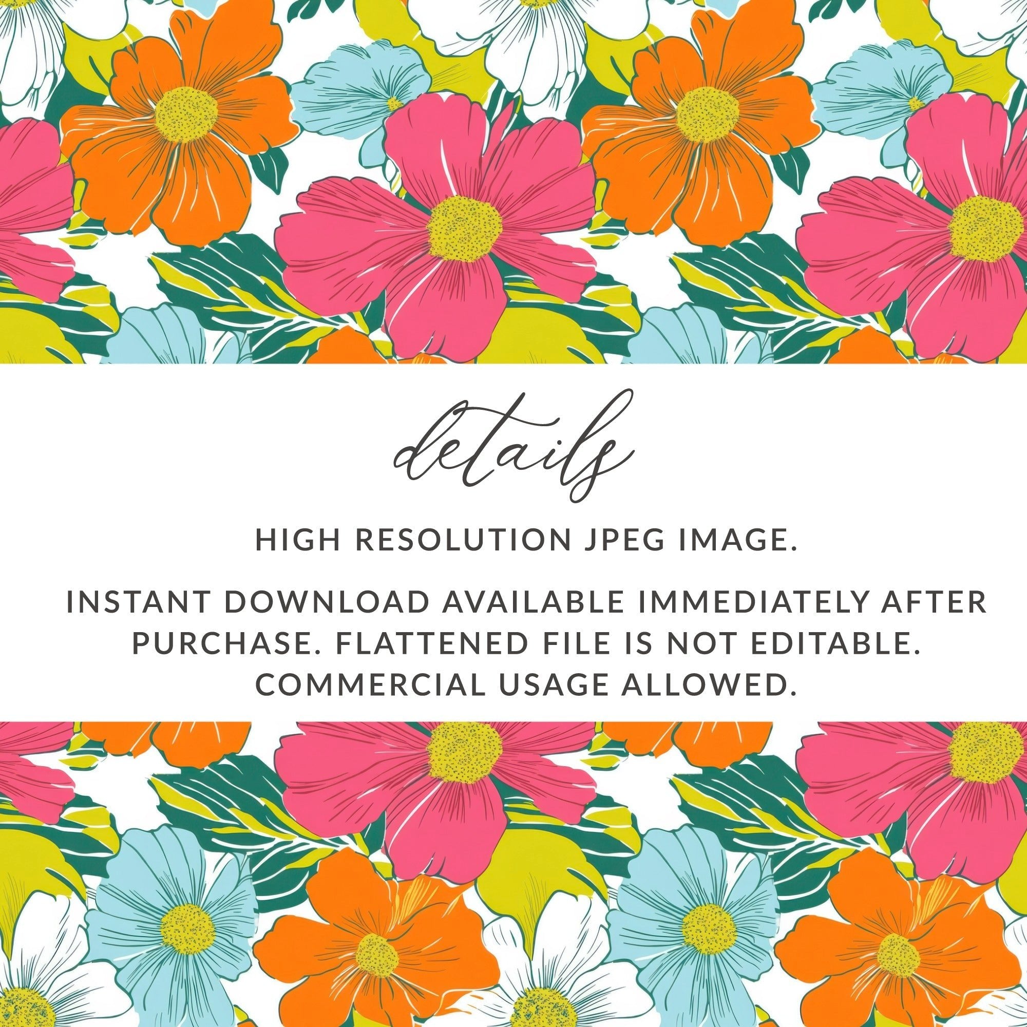 Preppy 60's Floral Pattern, Seamless Pattern, Digital Background, Pink Orange Blue White Flowers, Digital Product, for Fabric, Paper, and Crafts - Moore and Mountain