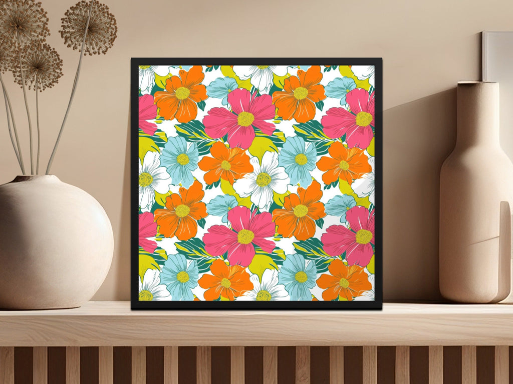 Preppy 60's Floral Pattern, Seamless Pattern, Digital Background, Pink Orange Blue White Flowers, Digital Product, for Fabric, Paper, and Crafts - Moore and Mountain