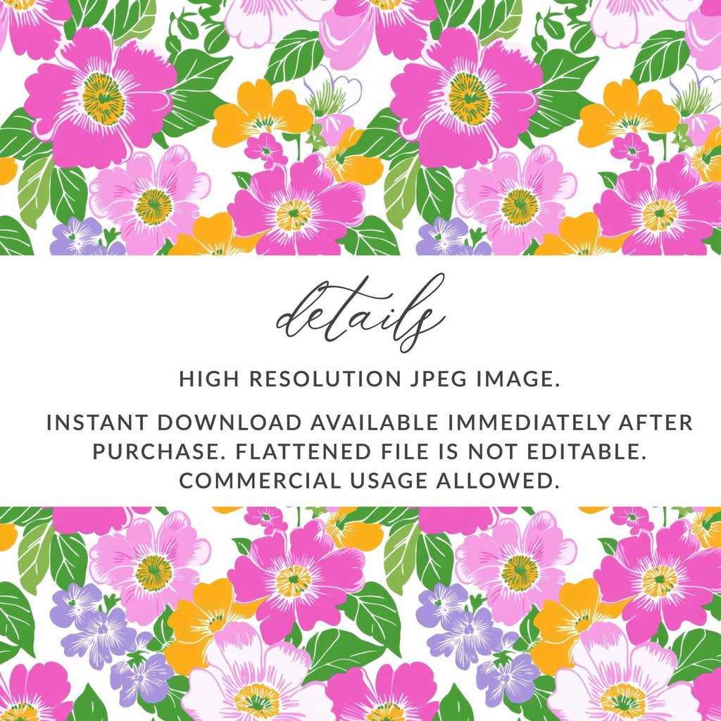 Preppy 60's Floral Pattern Seamless Pattern Digital Background, Pink Yellow Flowers, Fabric Design, Scrapbooking Paper, Digital Download - Moore and Mountain
