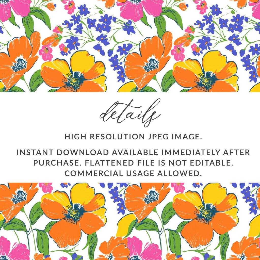 Preppy 60's Floral Pattern, Seamless Pattern, Orange Pink Blue Flower Digital Background, Floral Print, Flower Design, Digital Paper - Moore and Mountain