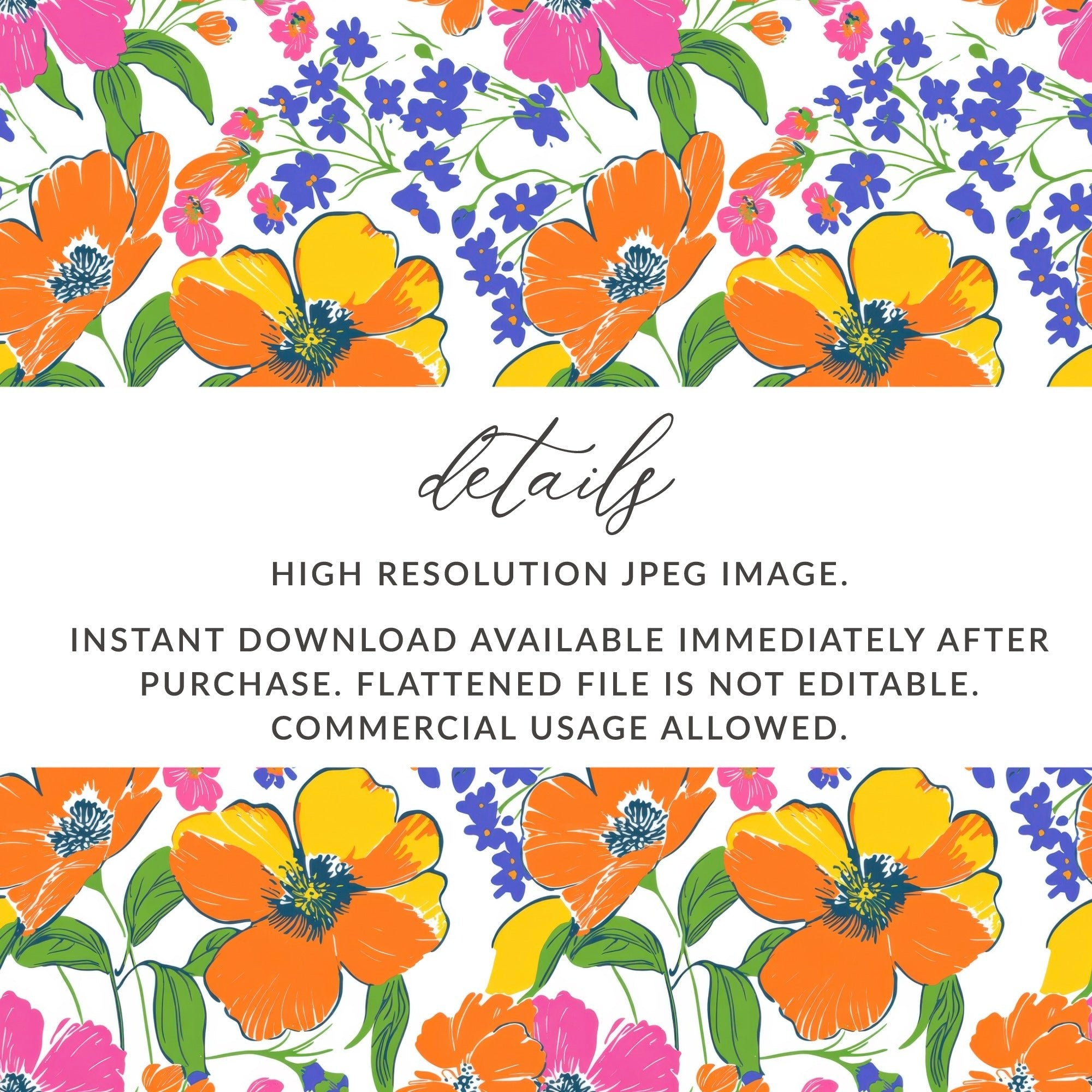 Preppy 60's Floral Pattern, Seamless Pattern, Orange Pink Blue Flower Digital Background, Floral Print, Flower Design, Digital Paper - Moore and Mountain
