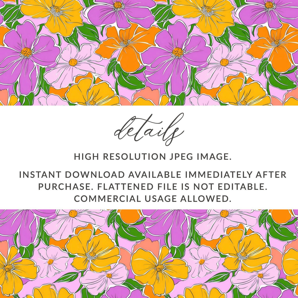 Preppy 60's floral pattern, pink orange seamless pattern, digital background, vibrant flower digital paper, retro floral print digital product - Moore and Mountain