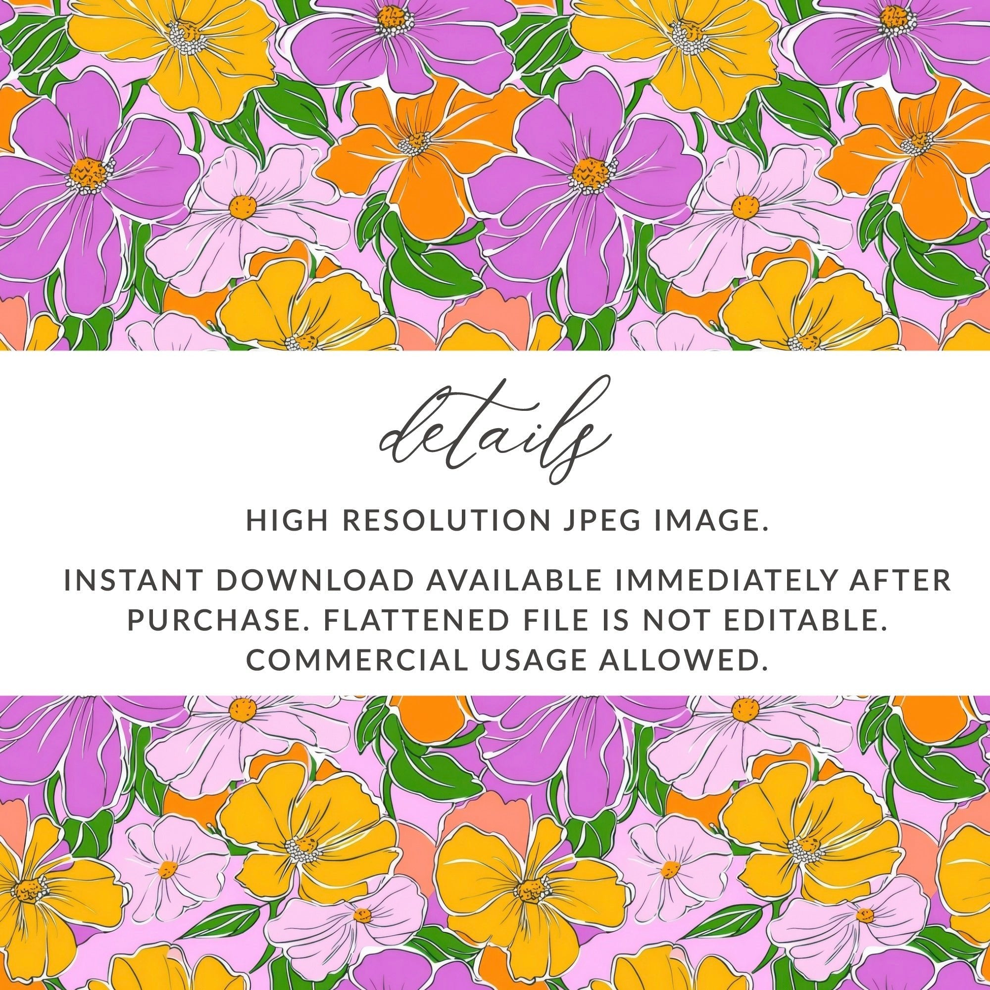 Preppy 60's floral pattern, pink orange seamless pattern, digital background, vibrant flower digital paper, retro floral print digital product - Moore and Mountain