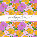 Preppy 60's floral pattern, pink orange seamless pattern, digital background, vibrant flower digital paper, retro floral print digital product - Moore and Mountain