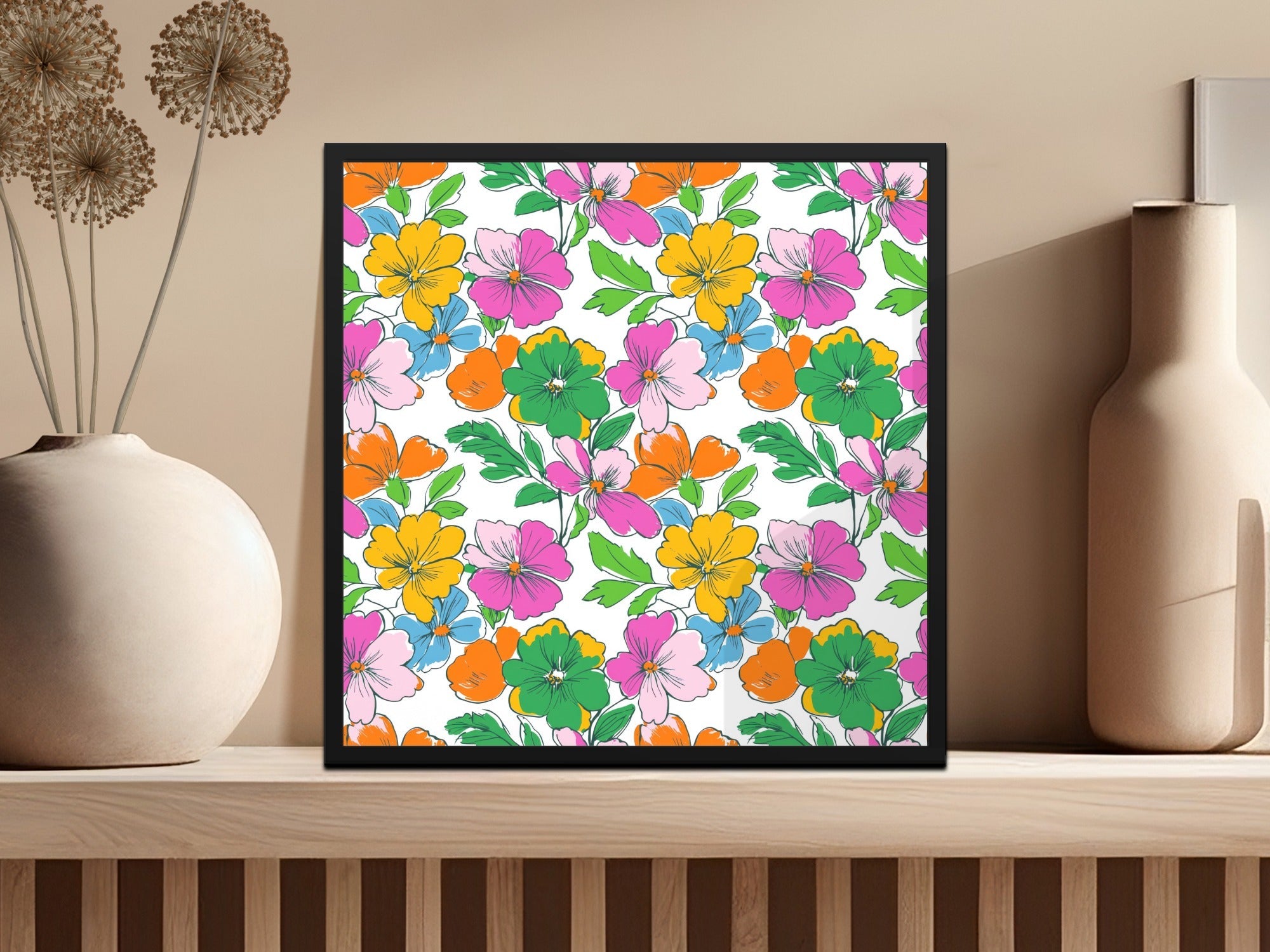 Preppy 60's floral pattern, seamless pattern, digital background, pink, yellow, orange, green, blue flower pattern, digital paper - Moore and Mountain