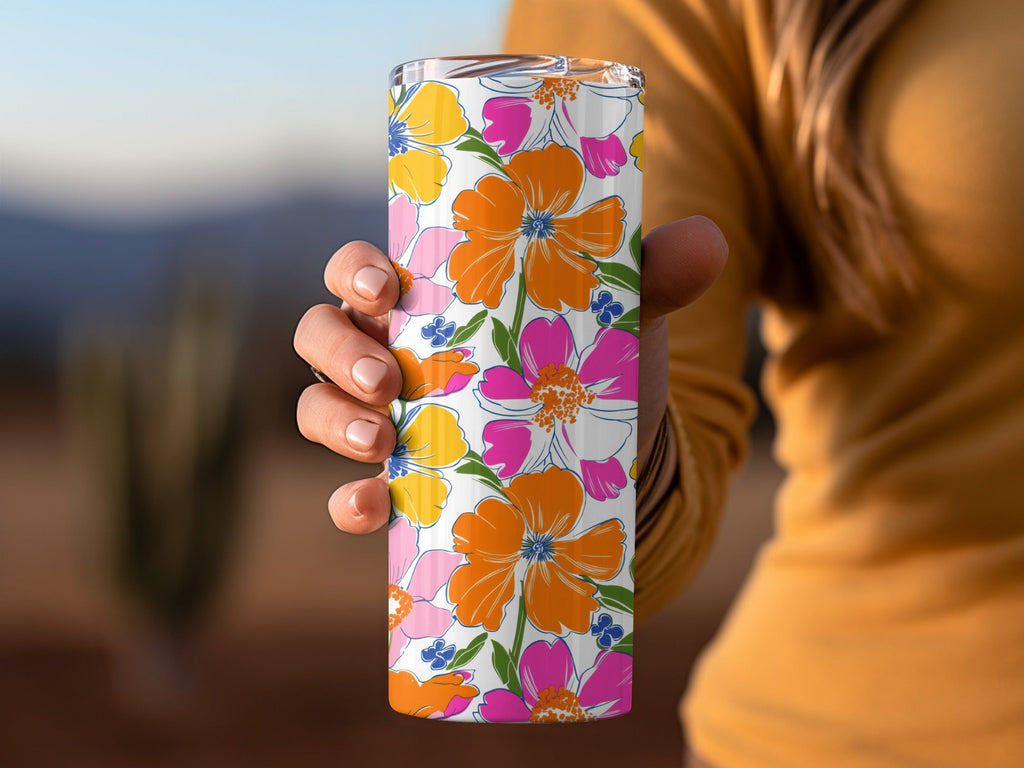 Preppy 60's floral pattern, seamless pattern, pink orange yellow flower digital background, vibrant floral designs, retro flower power pattern - Moore and Mountain