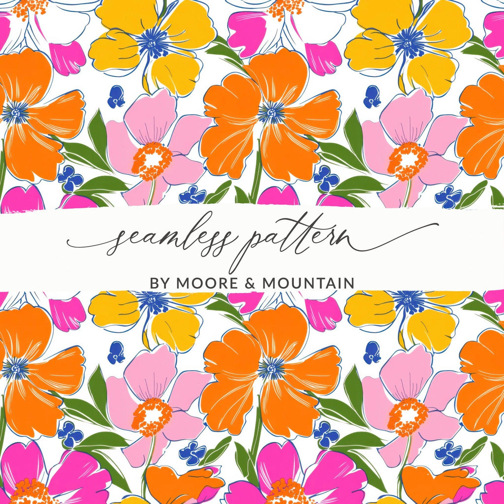 Preppy 60's floral pattern, seamless pattern, pink orange yellow flower digital background, vibrant floral designs, retro flower power pattern - Moore and Mountain