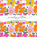 Preppy 60's floral pattern, seamless pattern, pink orange yellow flower digital background, vibrant floral designs, retro flower power pattern - Moore and Mountain