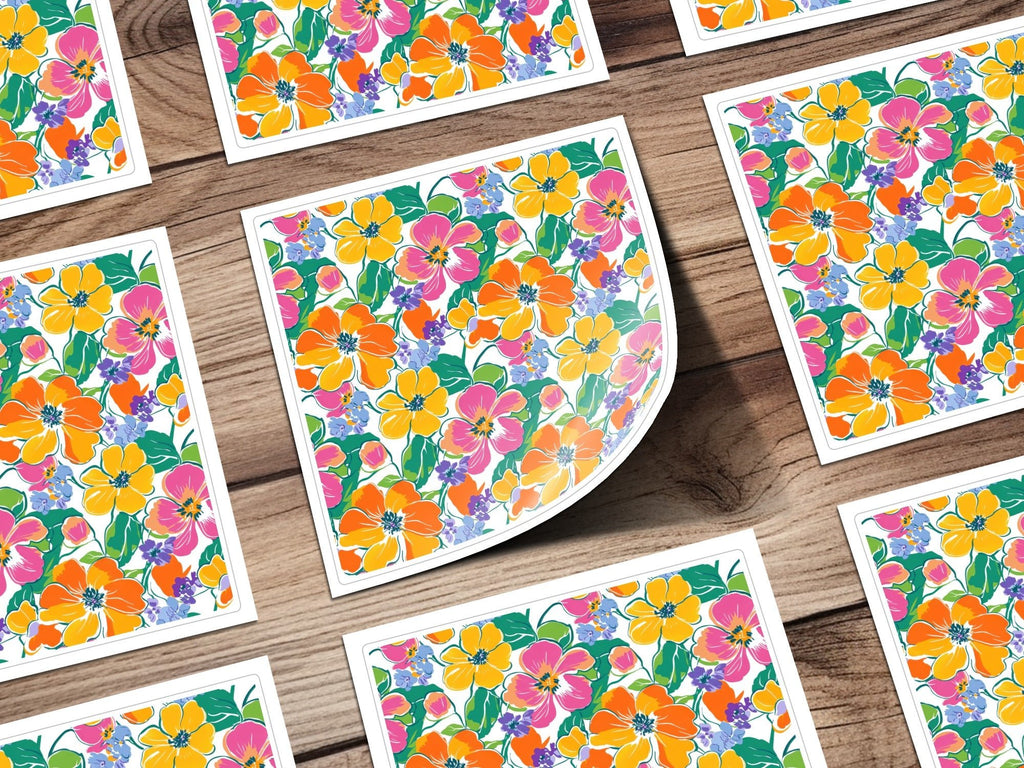 Preppy 60's floral pattern seamless pattern, yellow, orange, pink floral digital background, bright floral print, repeating flower design - Moore and Mountain