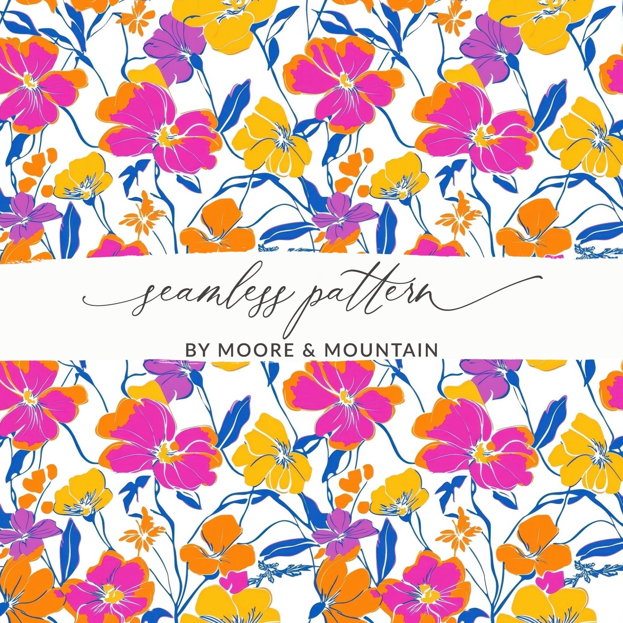 Preppy 90s floral pattern, digital background, pink orange yellow flowers, seamless pattern, digital paper pack, floral print, colorful design - Moore and Mountain