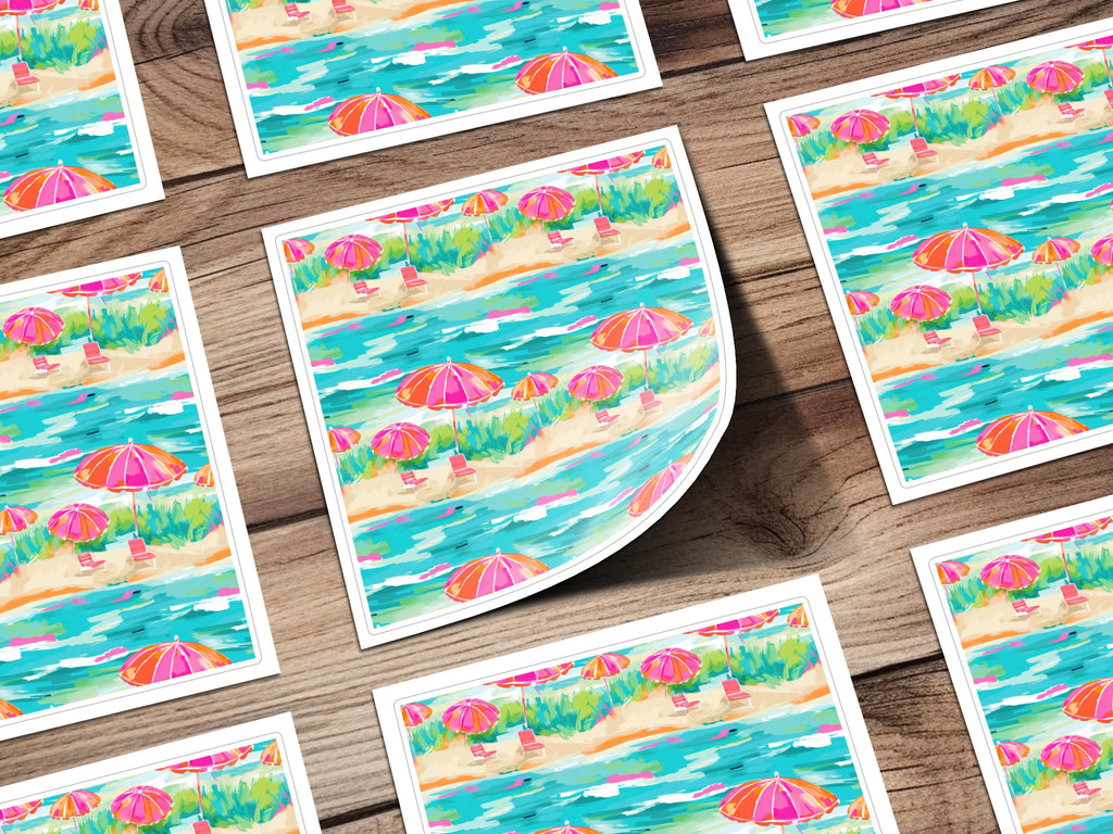 Colorful Beach Scene Stickers with Umbrellas Artwork