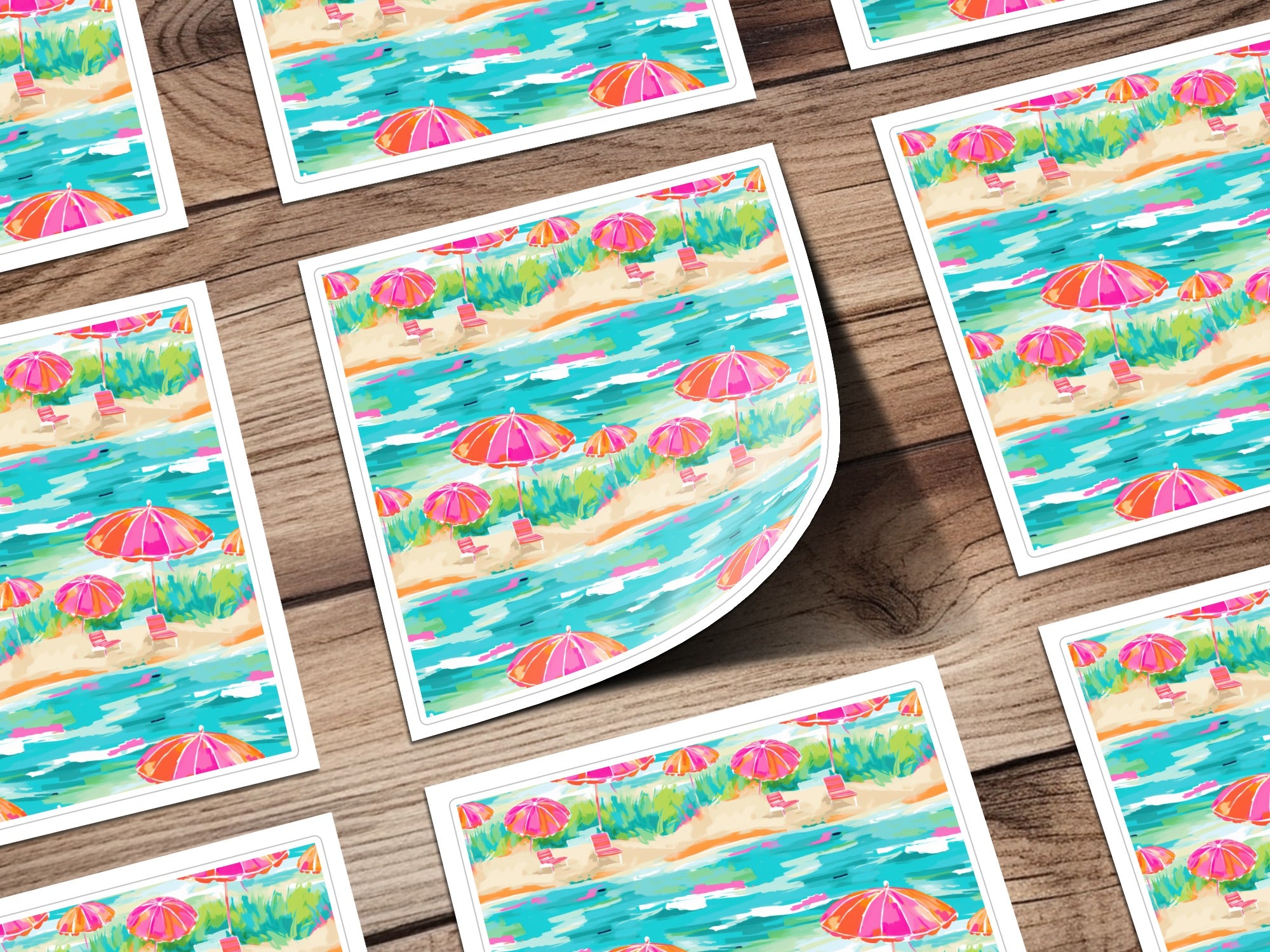 Colorful Beach Scene Stickers with Umbrellas Artwork