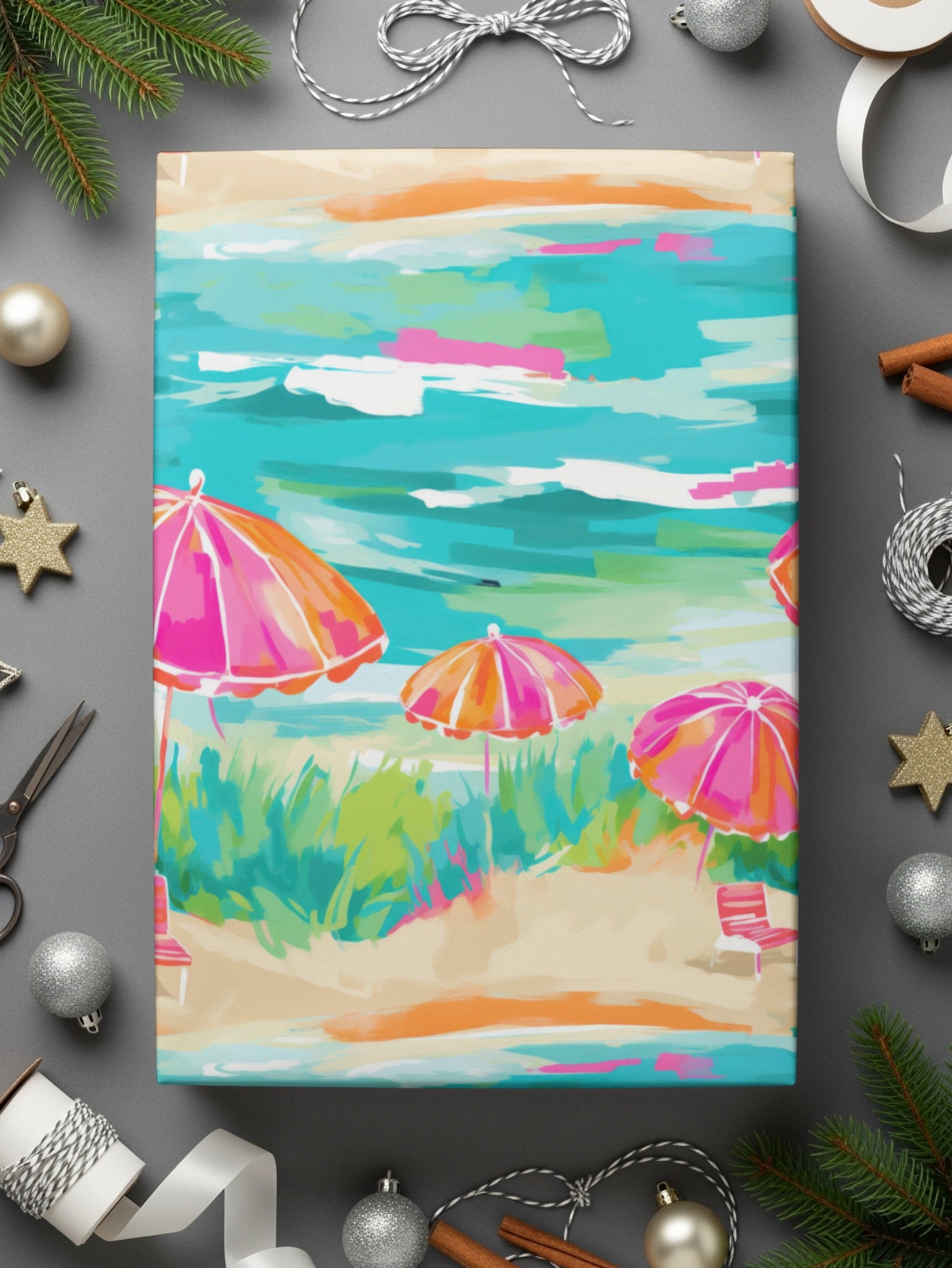 Bright Beach Umbrellas under Blue Sky Art Print