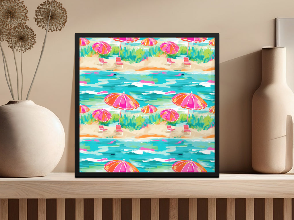 Vibrant Beach Scene Art Print with Colorful Umbrellas